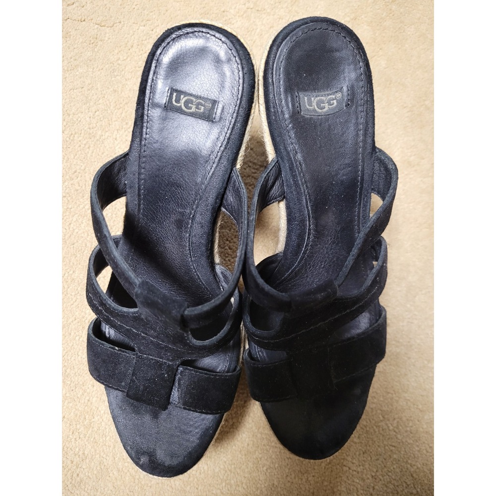 UGG Lucianna Black Suede Espadrille Wedge Sandals Plarform Strappy Womens Size 7